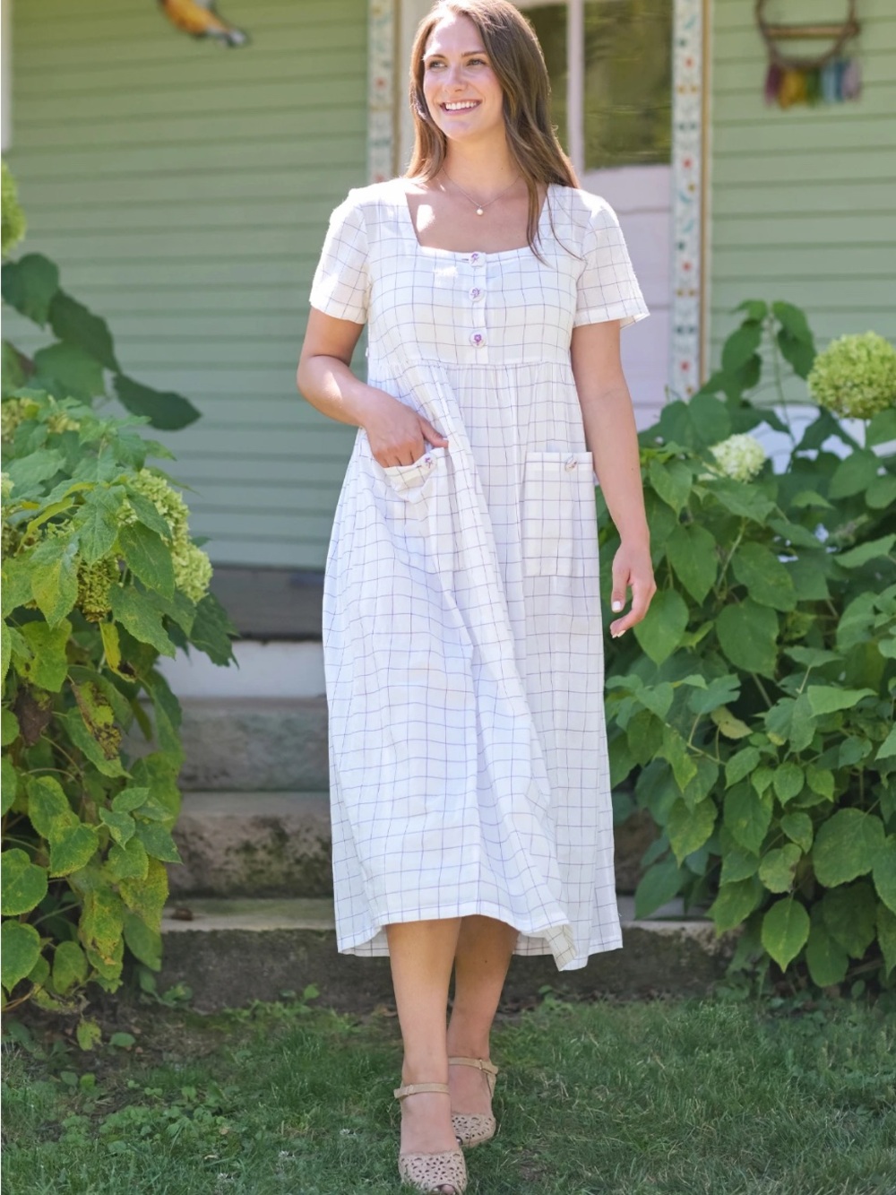 April Cornell 100% Cotton Plum Plaid Square-Neck Midi Dress with Patch Pockets